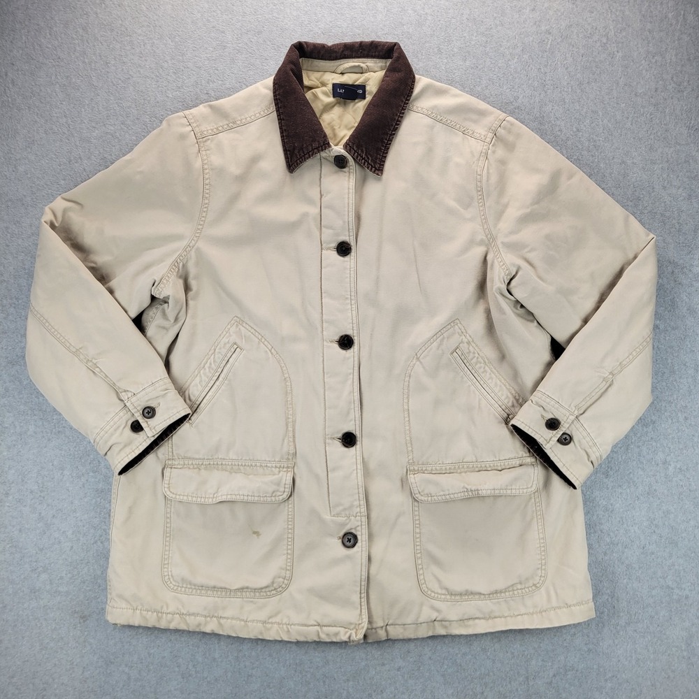 Lands End Canvas Chore Coat Corduroy Collar Button Front Womens XL 18-20 Tan